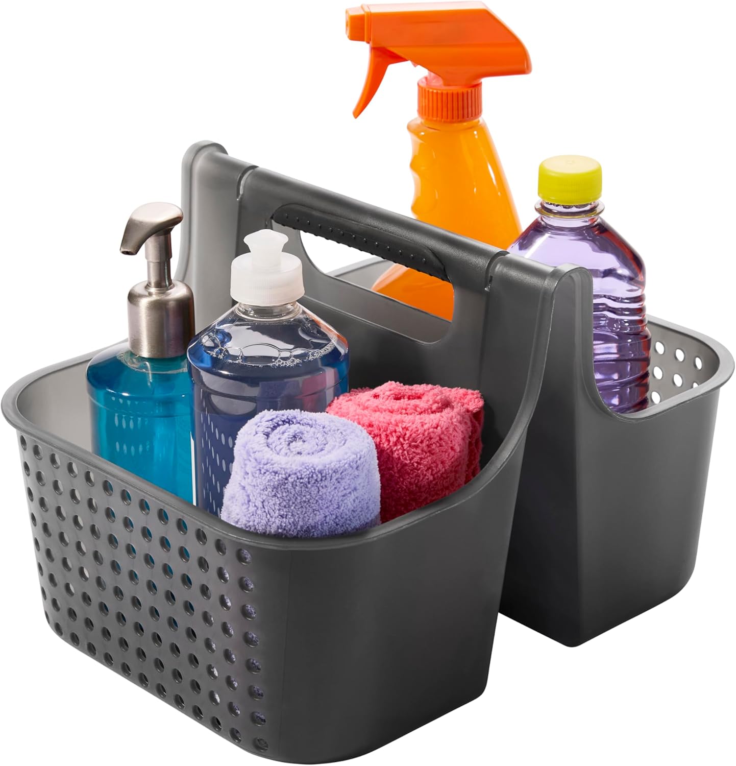 madesmart 2-Compartment Soft Grip Shower Tote for Bathroom Organization, Plastic Storage Shower Caddy Bucket, Large, Carbon