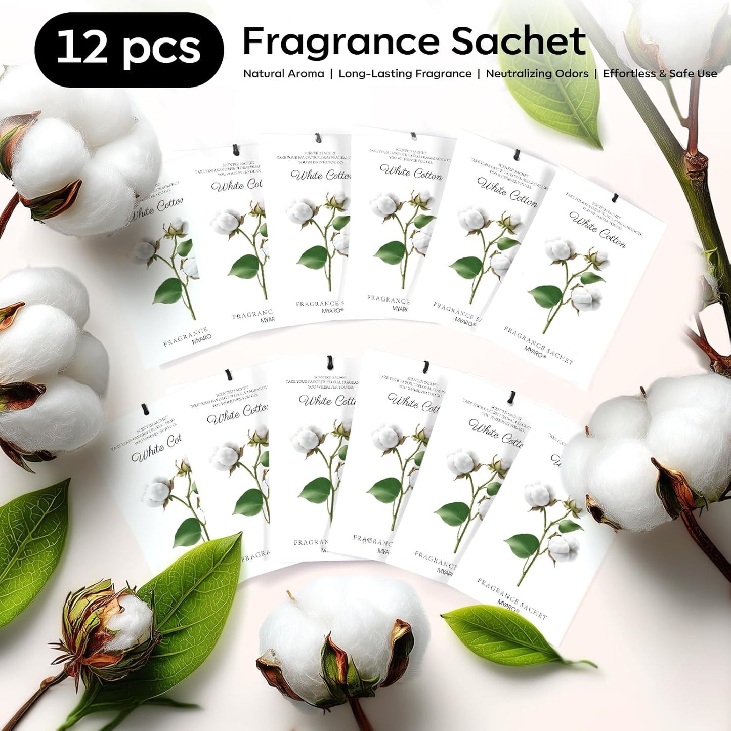 MYARO 12 Packs Scent Sachets for Closet Clothes Storage - White Cotton Fragrance Long Lasting Home Air Freshener Odor Deodorizer