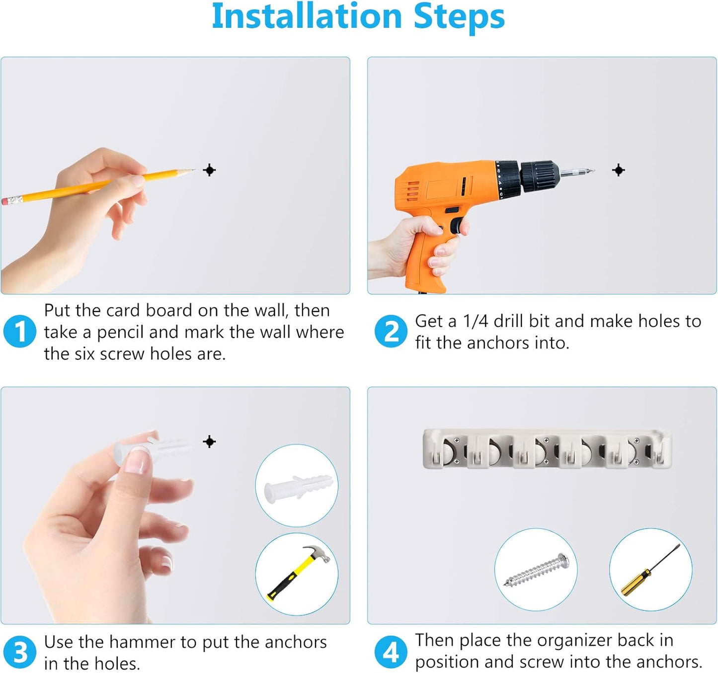 ONMIER 2 Pack Mop and Broom Holder wall mount Garage Organization Hanger Wall Mounted, Hanging Tool Organizer Storage Rack for Home Gard Yard Item - 5 Slots and 6 Hooks