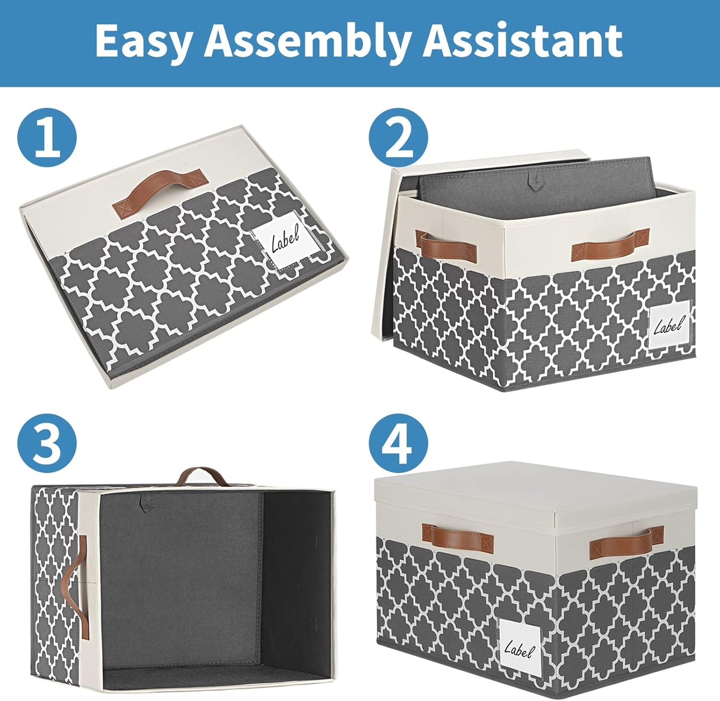 GhvyenntteS Large Fabric Storage Bins with Lids (6 Pack), Foldable Decorative Storage Boxes with Lids and 3 Handles, Sturdy Storage Baskets with Label Window for Home Office (White&Lattice Grey)