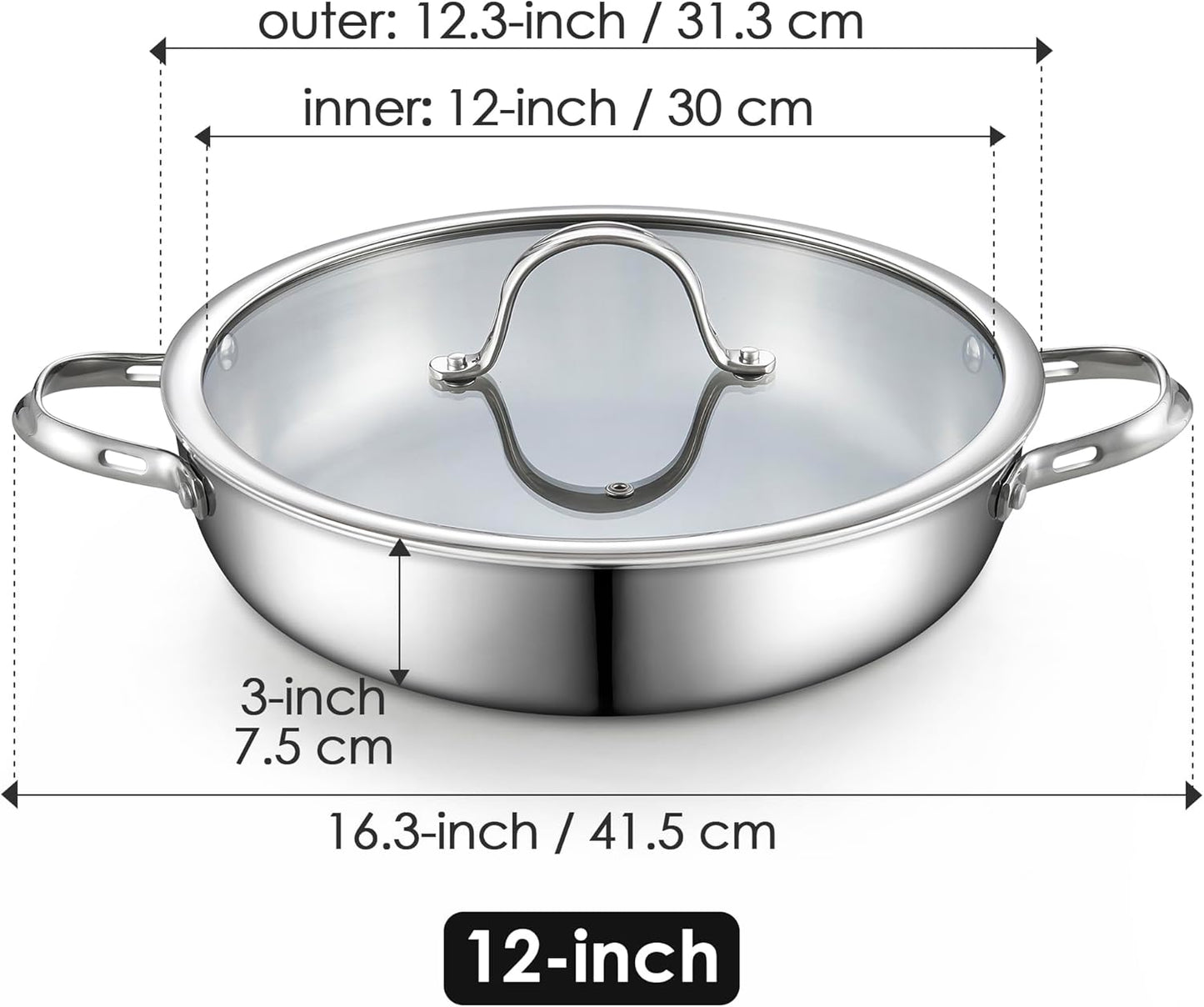 Cooks Standard Multi-Ply Clad Stainless Steel Wok Stir Fry Pan with Glass Lid, 12-inch large Stainless Steel Deep Frying Pan, Everyday Chef's Pan Flat Bottom Wok Induction Cookware