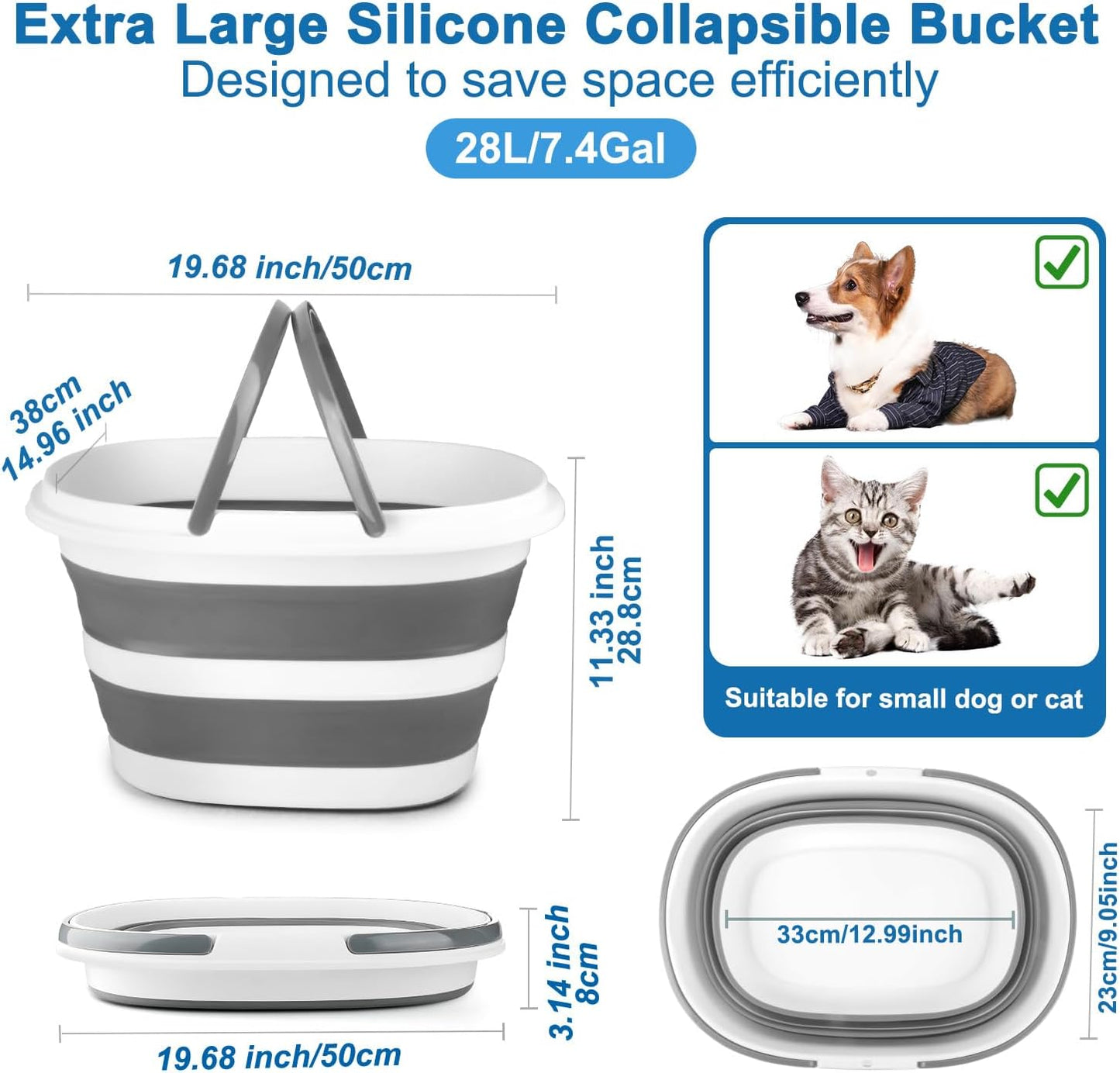 28L Large Collapsible Mop Bucket with Handle for Cleaning, Silicone Portable Pet Bathtub for Puppy Small Dogs Cats, Foldable Laundry Basket Hamper Clothes Storage Bin Space Saving Design for RV Home