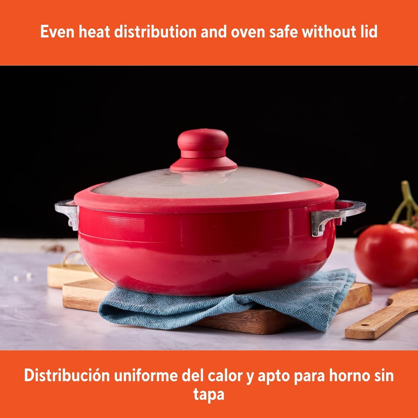 IMUSA 6.9qt Aluminum White Ceramic Caldero with Glass Lid & Silicone Rim, Red