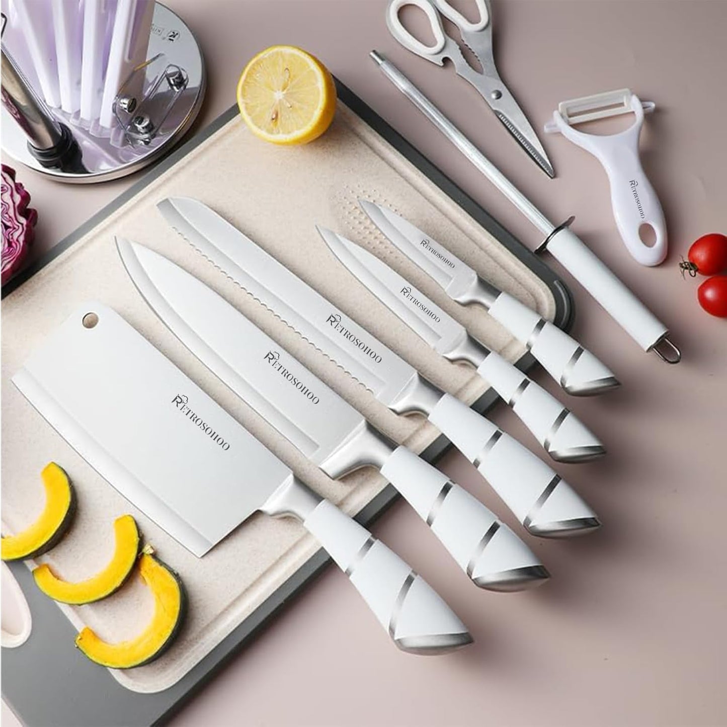 Kitchen Knife Set, Retrosohoo 9-Piece White Sharp Non-Stick Coated Chef Knives Block Set,Stainless Steel Knife Set for Kitchen with Sharpener for Cutting Slicing Dicing Chopping (White)