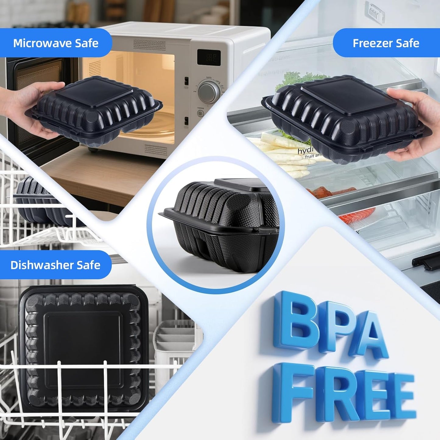 YANGRUI Disposable Containers 7.8" 30 oz 65 Pack - Shrink Wrap BPA Free Mineral Filled PP Plastic Food Container | 3 Compartment Freezer & Microwave Safe | Black Heavy Duty Clamshell Takeout Boxes