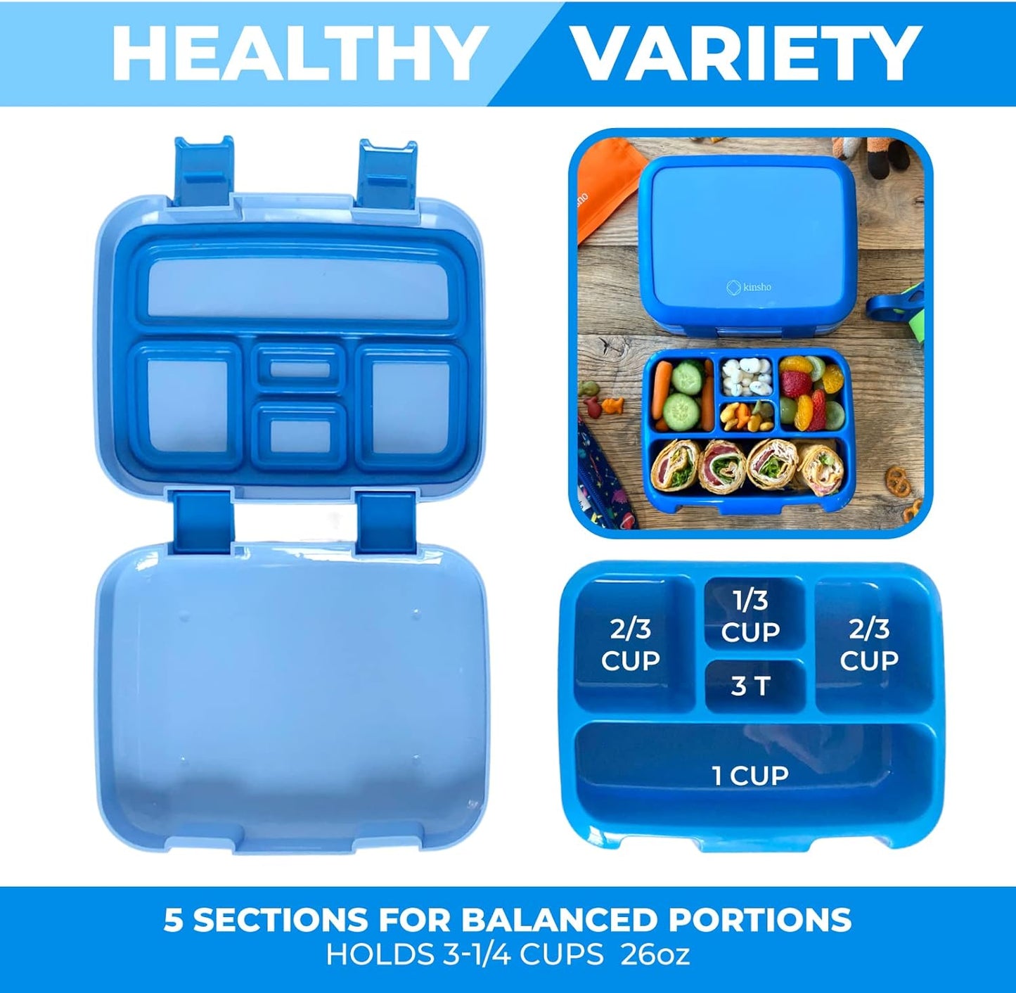 kinsho Bento Lunch Box for Kids Toddlers Boys, 5 Portion Sections Secure Lid, Microwave Safe BPA Free Removable Tray, Pre-School Kid Daycare Lunches Snack Container Ages 3 to 5, Blue