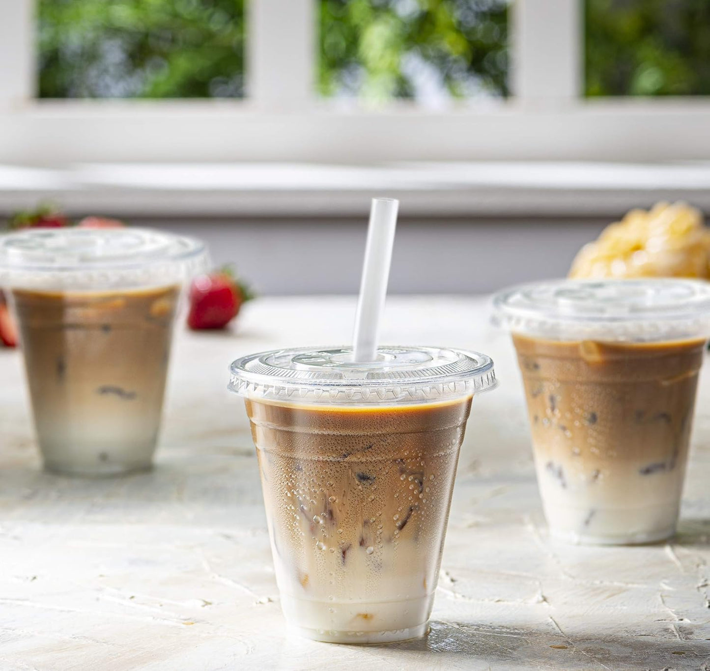 GUSTO Clear Plastic Cups with Flat Lids [12 oz - 50 Count] - Disposable Iced Coffee Cups with Lids - PET Plastic Cold Cups for Smoothies, Juices & To-Go Drinks - Formerly Comfy Package