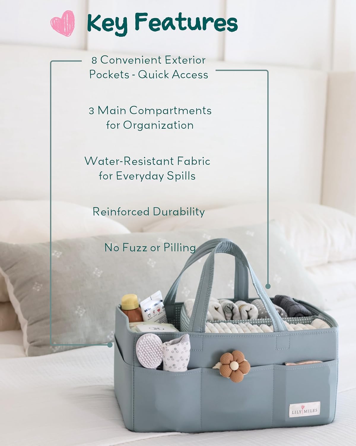 Lily Miles Baby Diaper Caddy Organizer, Wipeable Diaper Organizer Basket with 8 Pockets for Newborn Essentials, Nursery Tote Bag for Changing Table & Car Organization (Willow Green, Large)