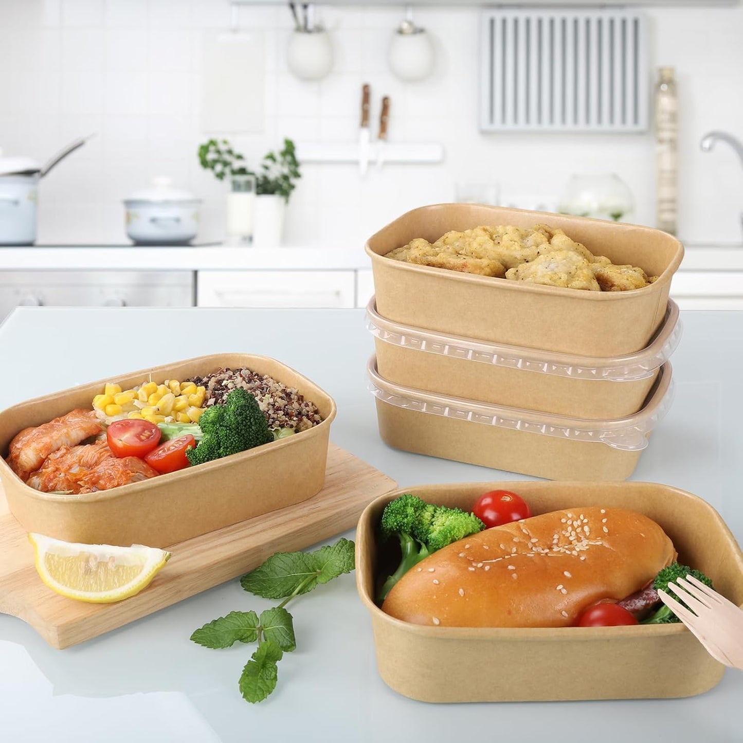 50 Sets 17oz Disposable Kraft Paper Bowls with Lids, Rectangle Paper Food Containers with Lids, Salad Bowls for Hot/Cold Food, Soup, Meal Prep, Ice Cream, Takeout, Party Supplies(500ml)