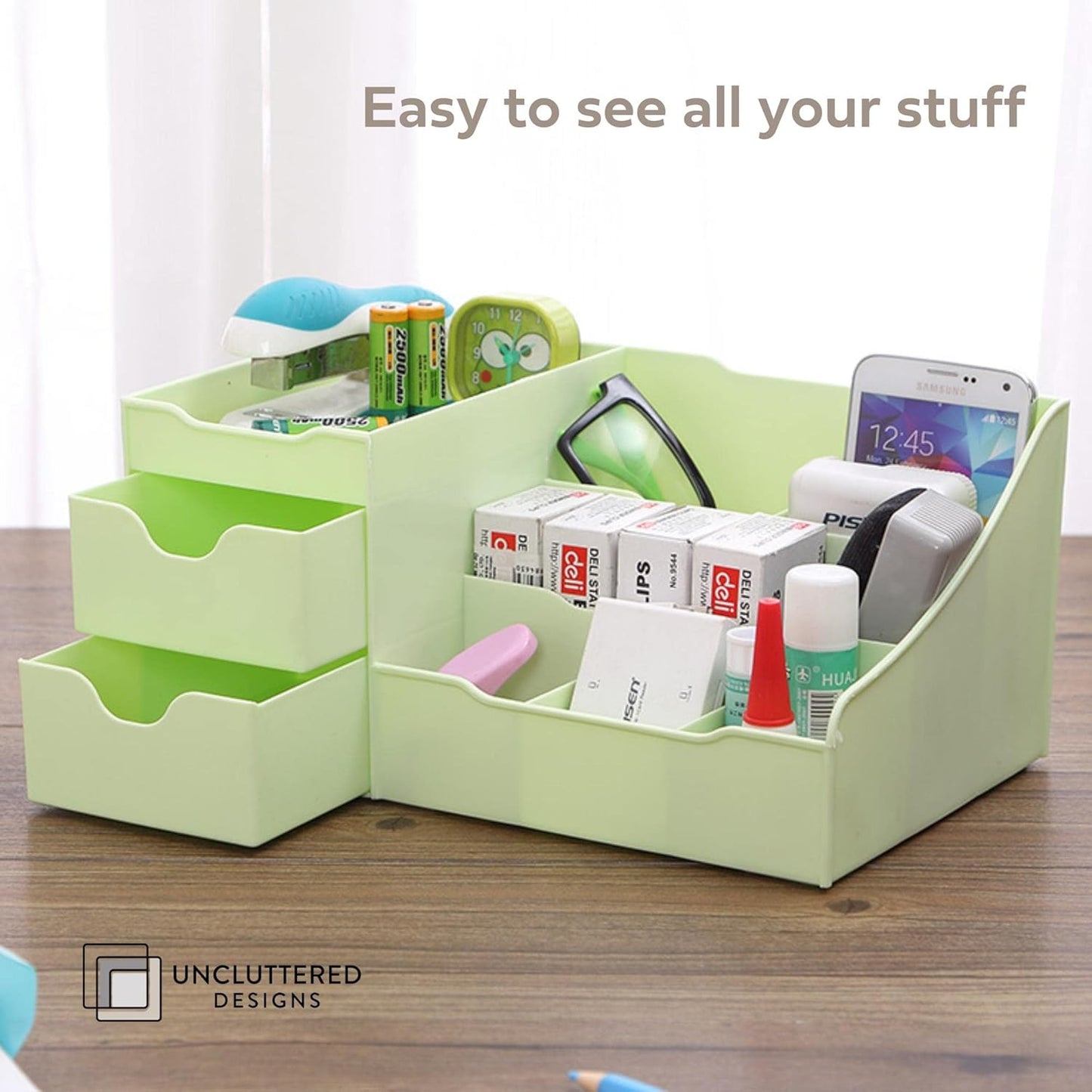 Uncluttered Designs Makeup Organizer With Drawers - Modern Countertop Storage for Cosmetics - Chic Vanity Holder for Perfume, Skincare, Brush, Lipstick, Nail Polish Organization & Display (Green)