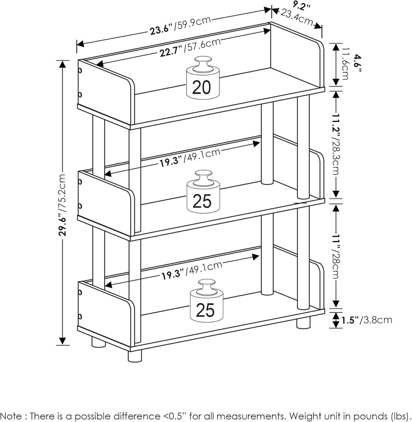 Furinno TURN-N-TUBE 3-Tier Display Shelf, Storage Shelves, Book Shelf, Open Shelves with Rounded Corner Top Edges, for Organization and Storage, Living Room, Home Office, Walnut