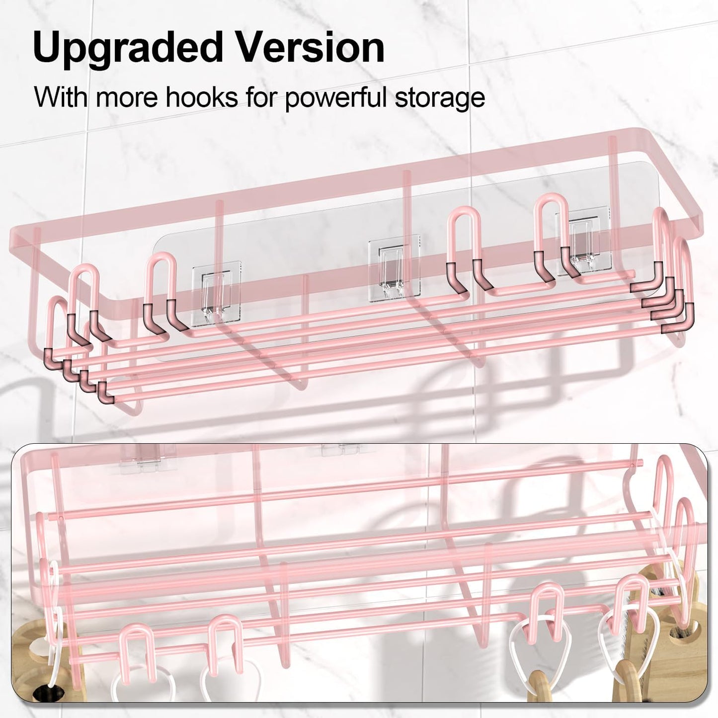 2025 New Adhesive Shower Caddy, Shower Shelves with 16 Hooks, Pink 2 Pack