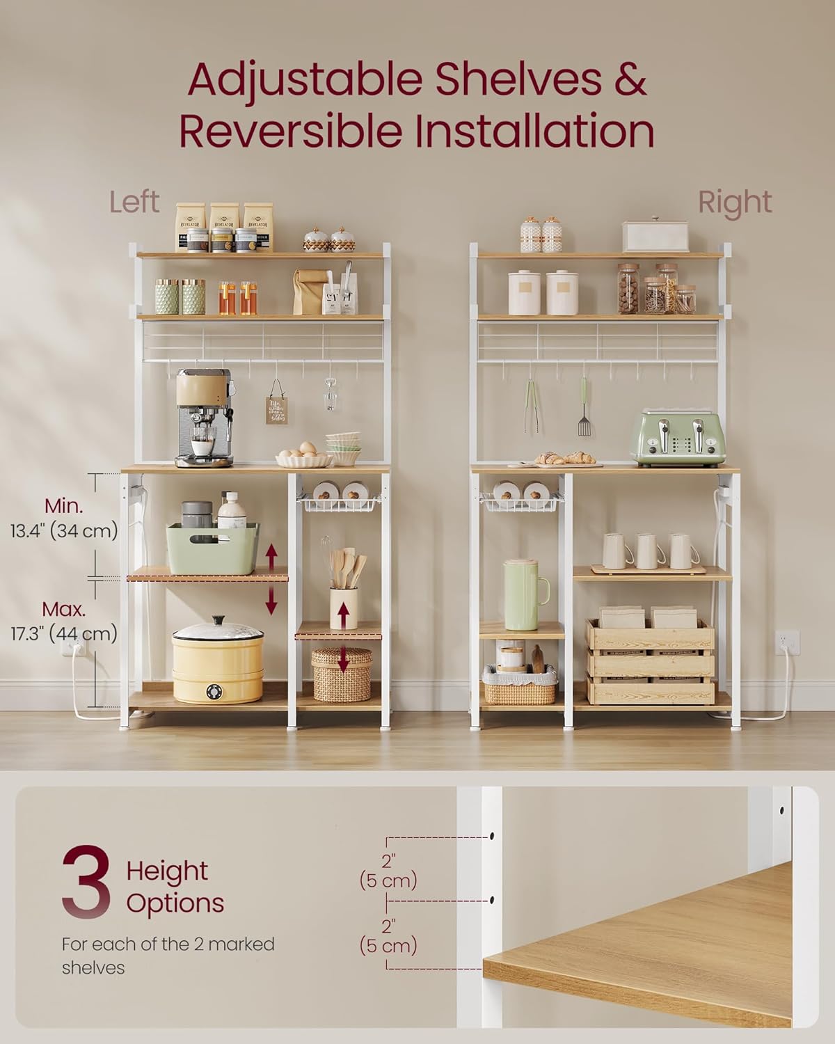 VASAGLE Bakers Rack with Power Outlet, 35.4 Inches Microwave Stand, Coffee Bar, 4 AC Outlets, with Adjustable Shelves, 8 S-Hooks, Basket, Spice Racks, Golden Oak and Cloud White UKKS031Y09