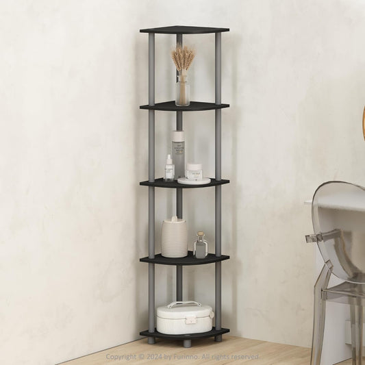 Furinno Turn-N-Tube Corner Shelf, 5-Tier Corner Display Rack, Shelving Unit, for Organization and Storage, Living Room, Home Office, Garage, Bedroom, Black