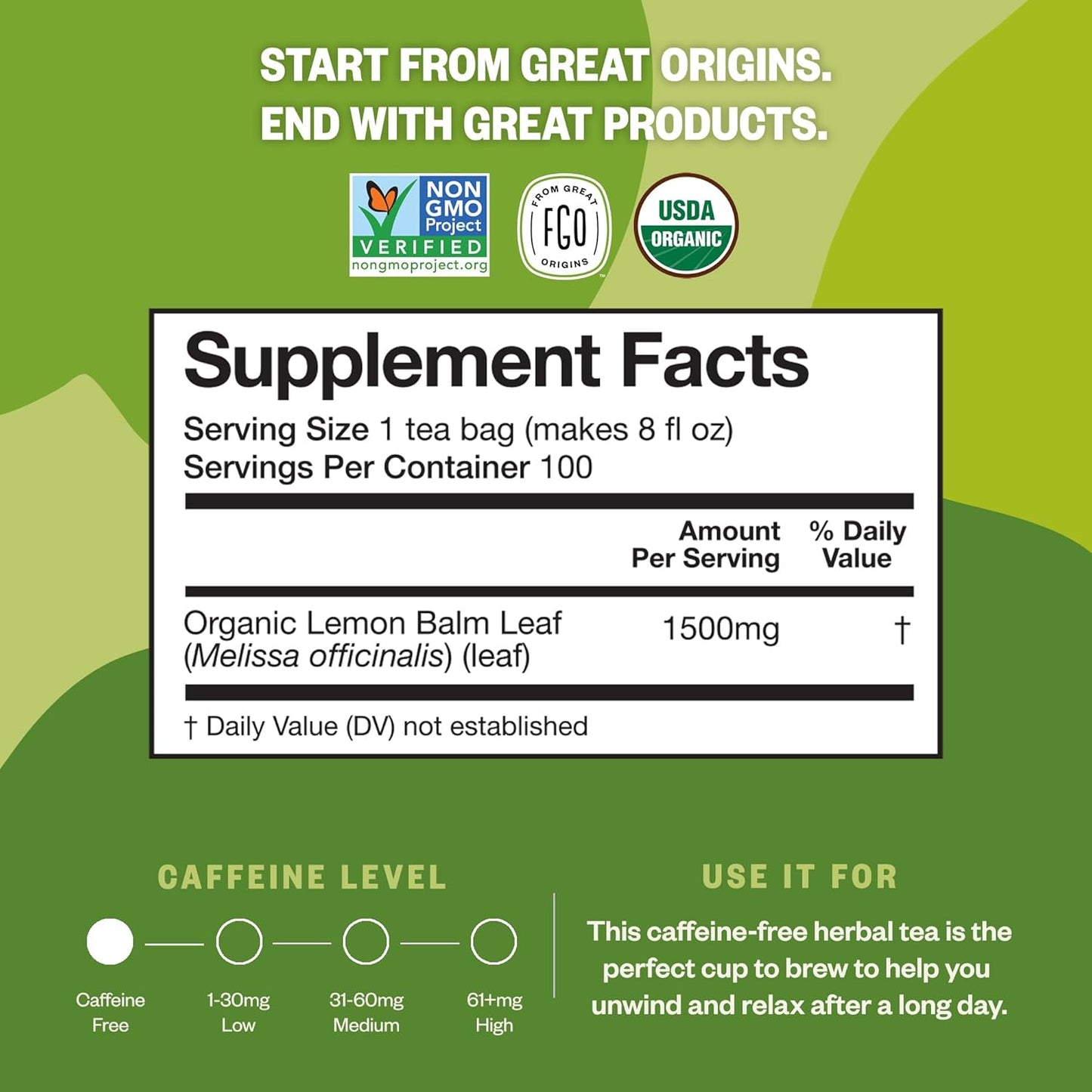 FGO Organic Lemon Balm Tea, 100 Count, Eco-Conscious Herbal Tea Bags, Resealable Bag, Caffeine Free, Packaging May Vary (Pack of 1)