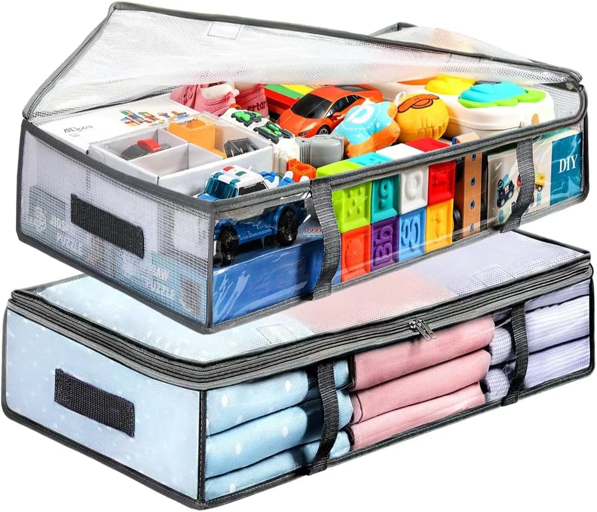 2 Pack Under Bed Storage Containers Bins, Humid-Proof Plastic Underbed Storage Bins, Clothes Storage and Organization Bags, Under the Bed Blanket Storage with Handles for Clothes, Bedroom, 70L