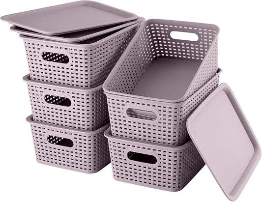 AREYZIN Lidded Storage Bins Plastic Storage Baskets With Lid Organizing Container Knit Storage Organizer Bins for Shelves Drawers Desktop Playroom Classroom Office, 6 Pack,Purple
