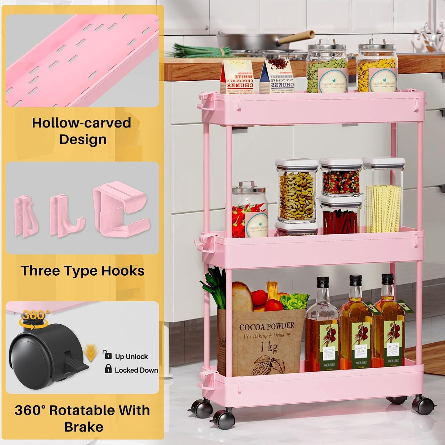 SPACEKEEPER Slim Rolling Storage Cart, 3 Tier Bathroom Organizer Utility Cart Laundry Room Organization Mobile Shelving Unit for Kitchen, Bathroom, Office, Bedroom, Narrow Places, Pink