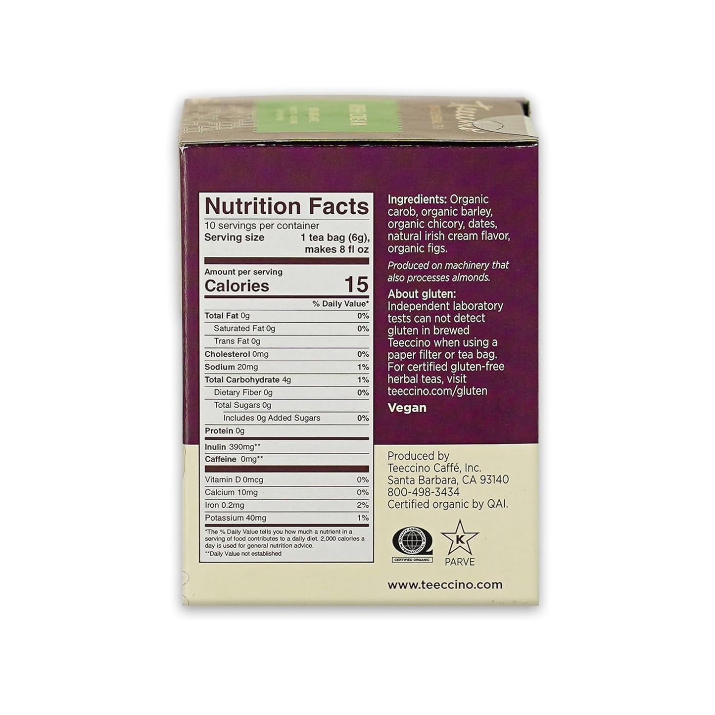 Teeccino Irish Cream Herbal Tea, Rich & Roasted Herbal Tea That’s Caffeine Free & Prebiotic for Natural Energy, 10 Tea Bags