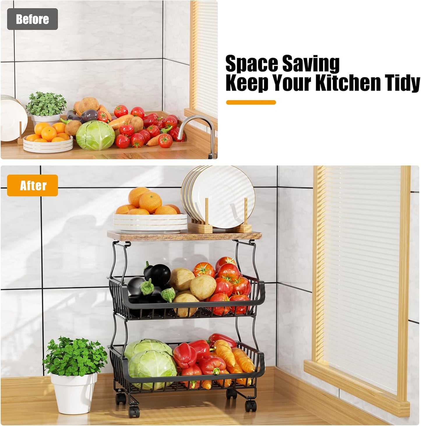 Fruit Vegetable Basket for Kitchen, 4 Tier Stackable Fruit Vegetable Storage Baskets with Wheels, Metal Wire Storage Basket Organizer Baskets for Kitchen, Pantry, Bathroom