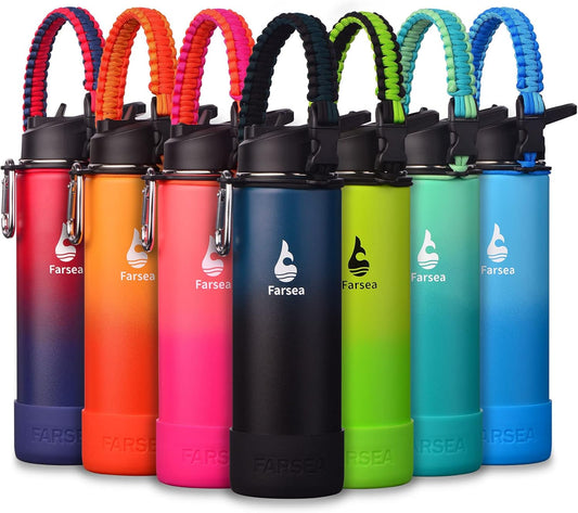 Farsea Insulated Water Bottle With Paracord Handle, Protective Silicone Boot and 2 Lids (Straw Lid & Spout Lid), Stainless Steel Water Bottle Wide Mouth, Double Wall Sweat-Proof BPA-Free, 24 oz