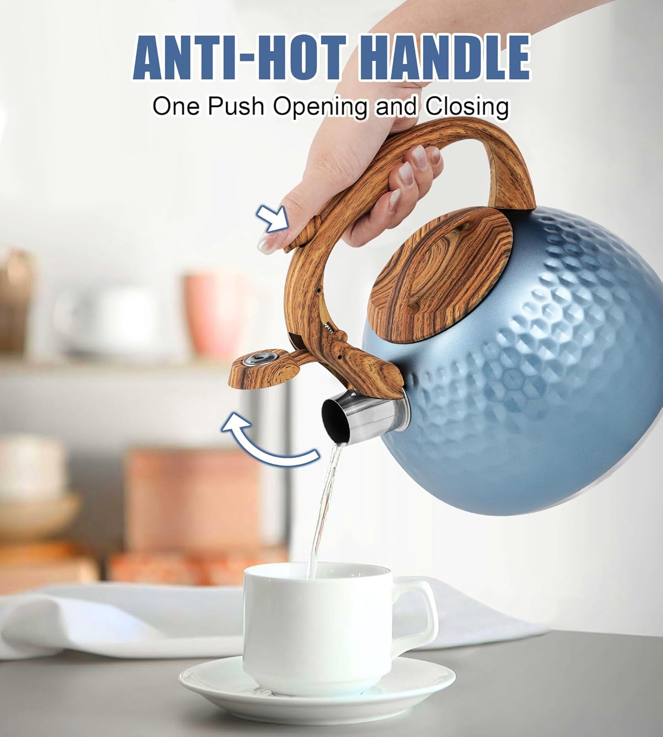 Stainless Steel Tea Kettle Blue, Teapot 3.2 Quart Whistling Tea Kettle, Tea Pots for Stove Top with Wood Pattern Handle, Gas Electric Applicable
