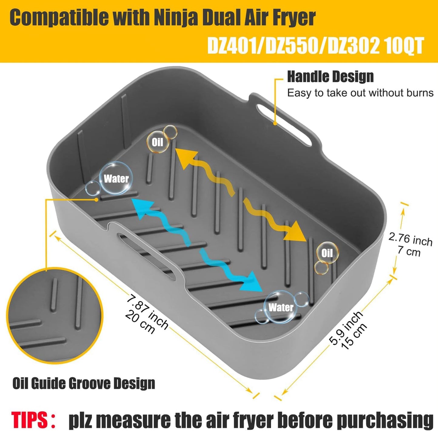 2PCs Air Fryer Silicone Liners for Ninja Foodi DualZone XL 2-Basket DZ550 DZ550GY/DZ401/DZ302, Reusable Food Grade Airfryer Baking Tray Replacement Accessories for Ninja/Cosori Dual-Bakset 9-10QT Gray