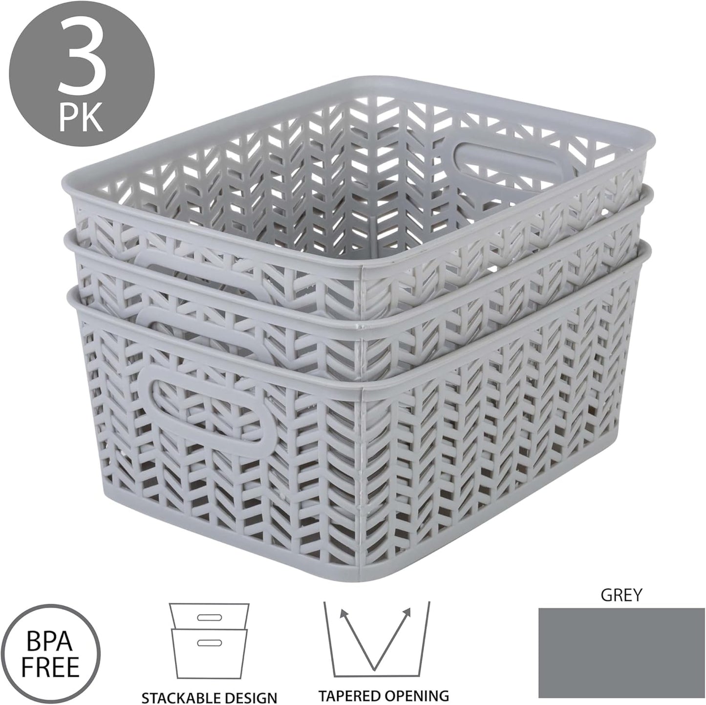 Simplify 3 Pack Small Herringbone Storage Basket | Dimensions: 10"x8"x4" | 2 Open Handles | Lightweight | Grey | Herringbone Design | Home Organization