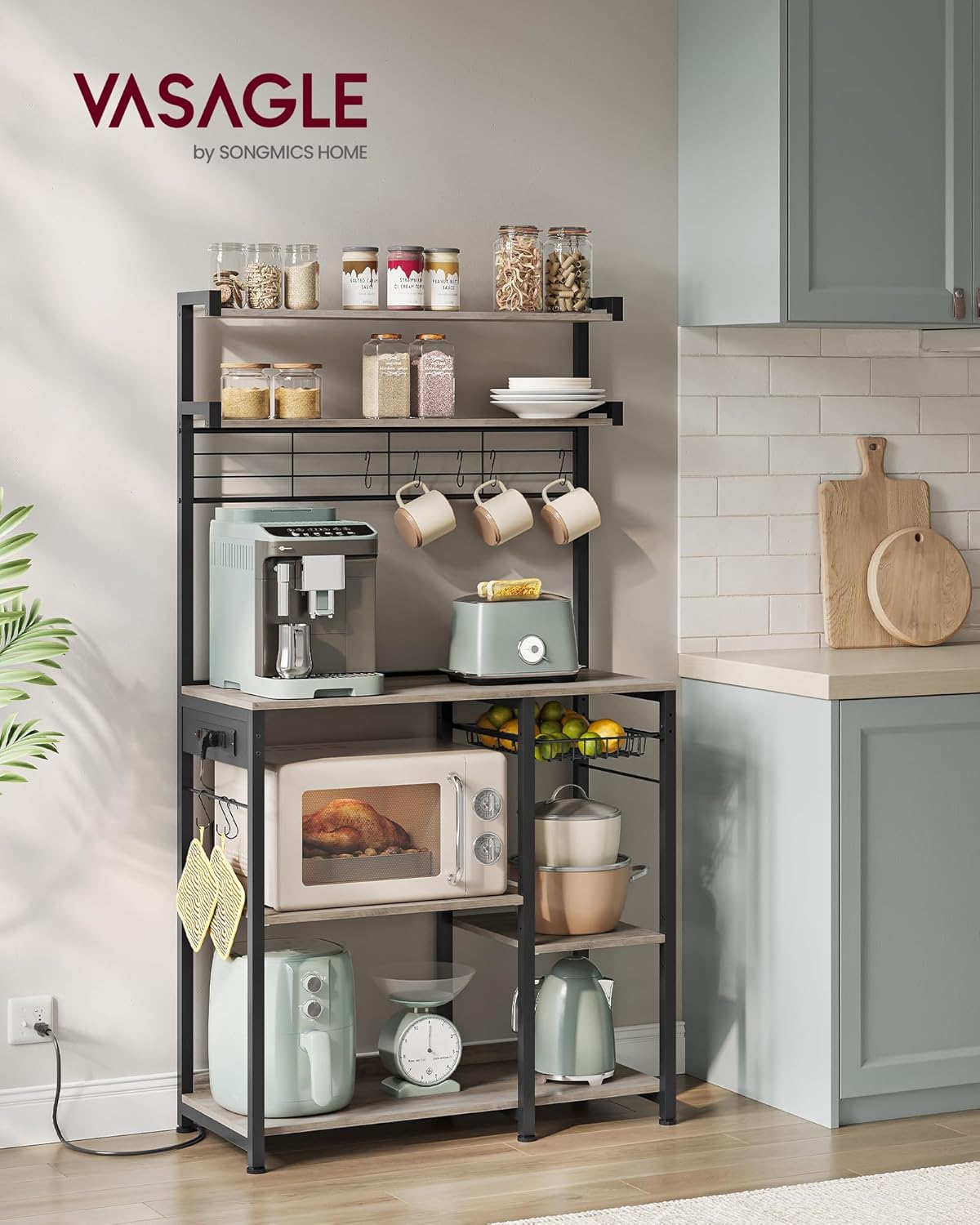 VASAGLE Bakers Rack with Power Outlet, 35.4 Inches Microwave Stand, Coffee Bar, 4 AC Outlets, with Adjustable Shelves, 8 S-Hooks, Basket, Spice Racks, Heather Greige and Ink Black UKKS031K02