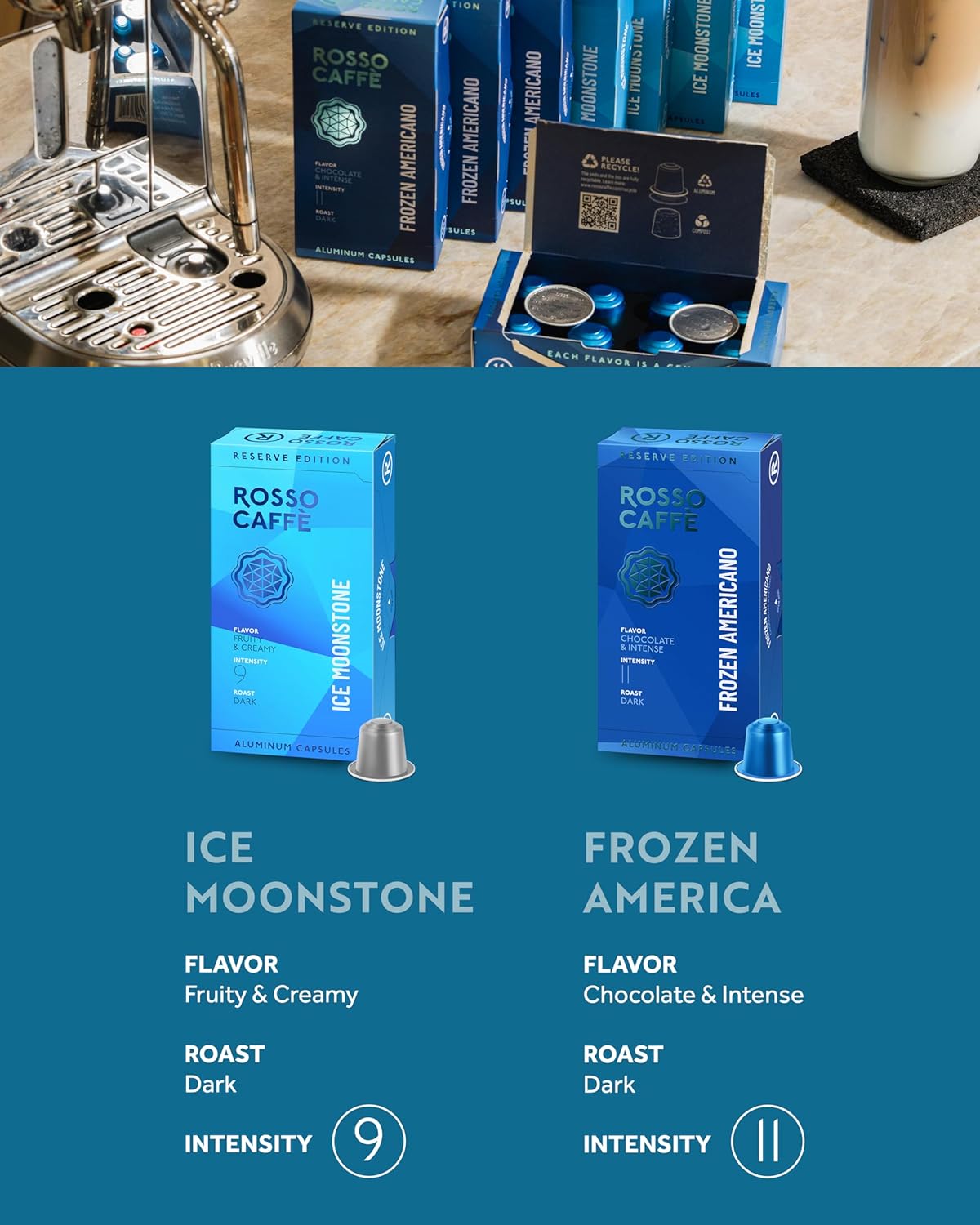 ROSSO CAFFÈ Espresso Coffee Pods for Nespresso Original Machines - 80 Capsules Ice Pack, 2 Rich and Smooth Flavors, Perfect for Iced Summer Coffee - Made in Italy