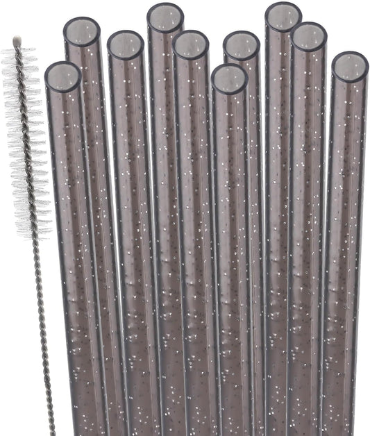 Dakoufish Replacement Glitter Straws for Stanley|Owala|Simple Modern 40oz 30oz Tumbler,10 Pack 12 Inch Reusable Black Straws With Cleaning Brush For Stanley Hydro Jug Cup,Dishwasher Safe