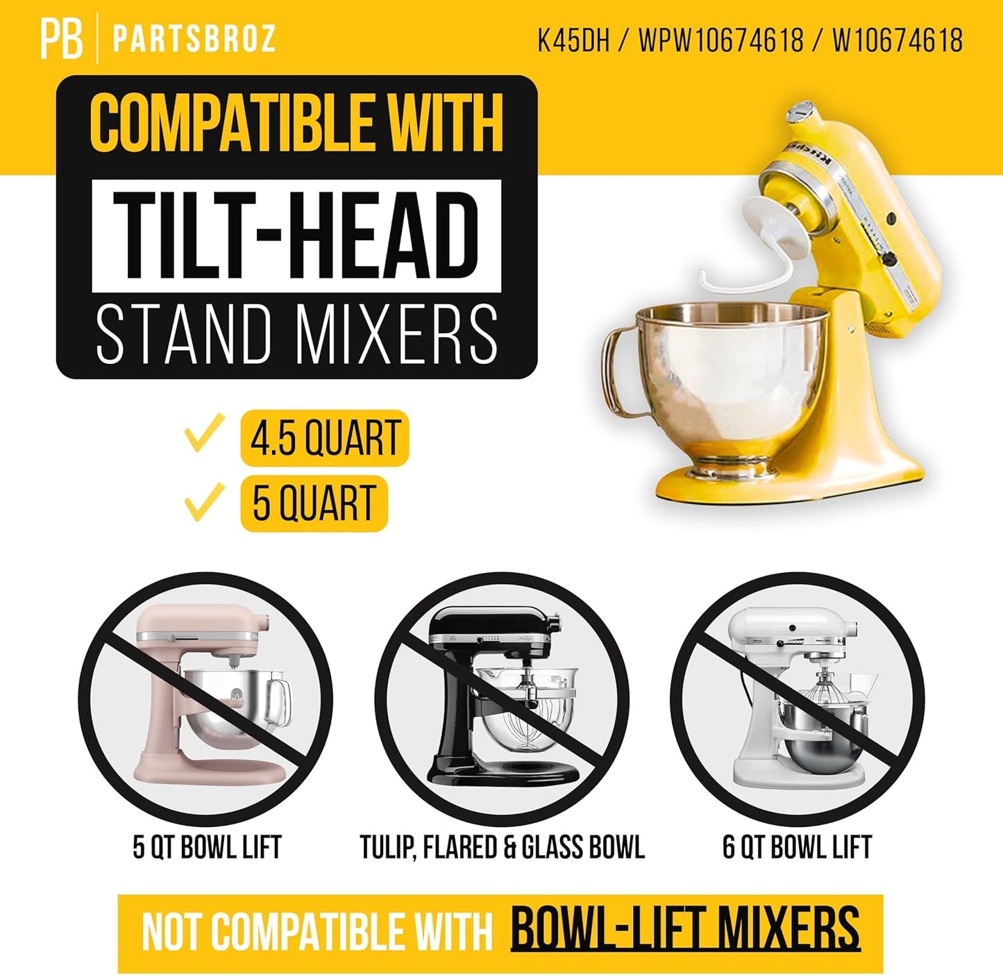 PartsBroz Kitchen Aid Dough Hook Attachment for Stand Mixer 4.5 Qt, 5 Qt for KitchenAid Dough Hook Attachment K45DH for Artisan Bread Kneading Model K45 KSM150 K45SS KSM95 KSM96 KSM90 KSM150PS K45SSWH