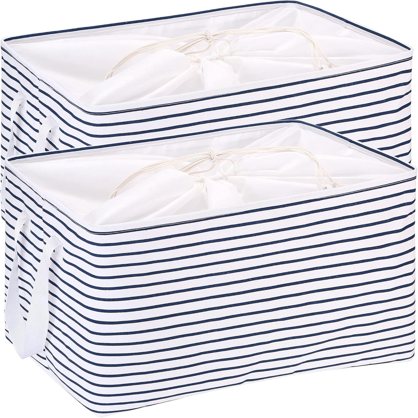 Hinwo 102L XXL Storage Bins, 2-Pack Closet Organizers and Storage, Foldable Clothes Storage Baskets with Handles, Containers for Clothing, Blanket, Comforters, Toys, Bedding (Navy Stripe)
