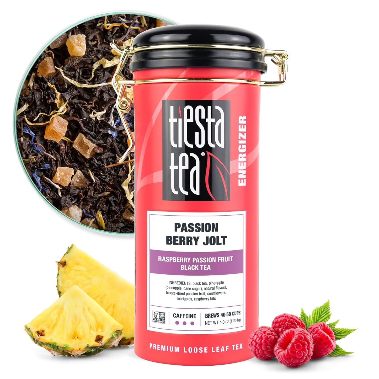 Tiesta Tea - Passion Berry Jolt, Loose Leaf, Raspberry Passion Fruit Black Tea, Premium Caffeinated Blend, Make Hot or Iced & Brews Up to 50 Cups, 4oz Refillable Tin