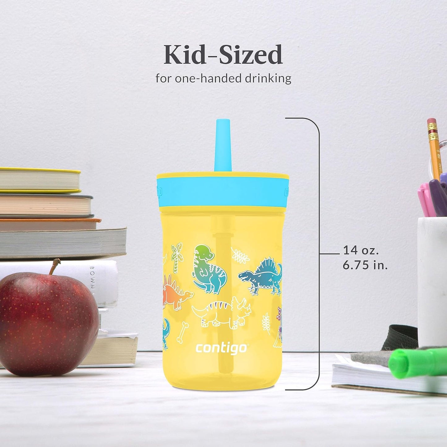 Contigo Kids’ Leighton Straw Tumbler with Spill-Proof Leak-Proof Lid 14oz Pineapple/Dinos (Pack of 4)