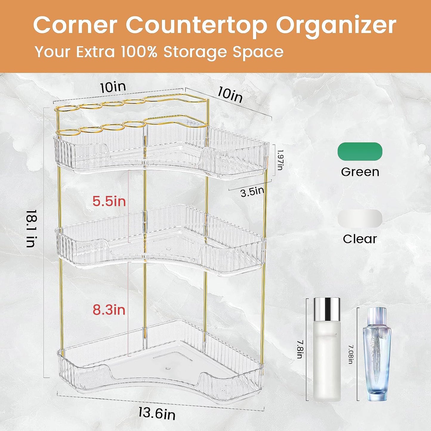 NATURE'S SOURCE Makeup Organizer for Vanity, 3-Tier Corner Bathroom Organizer Countertop with Makeup Brush Holder, Corner Counter Storage for Bathroom, Dresser, Kitchen（Clear