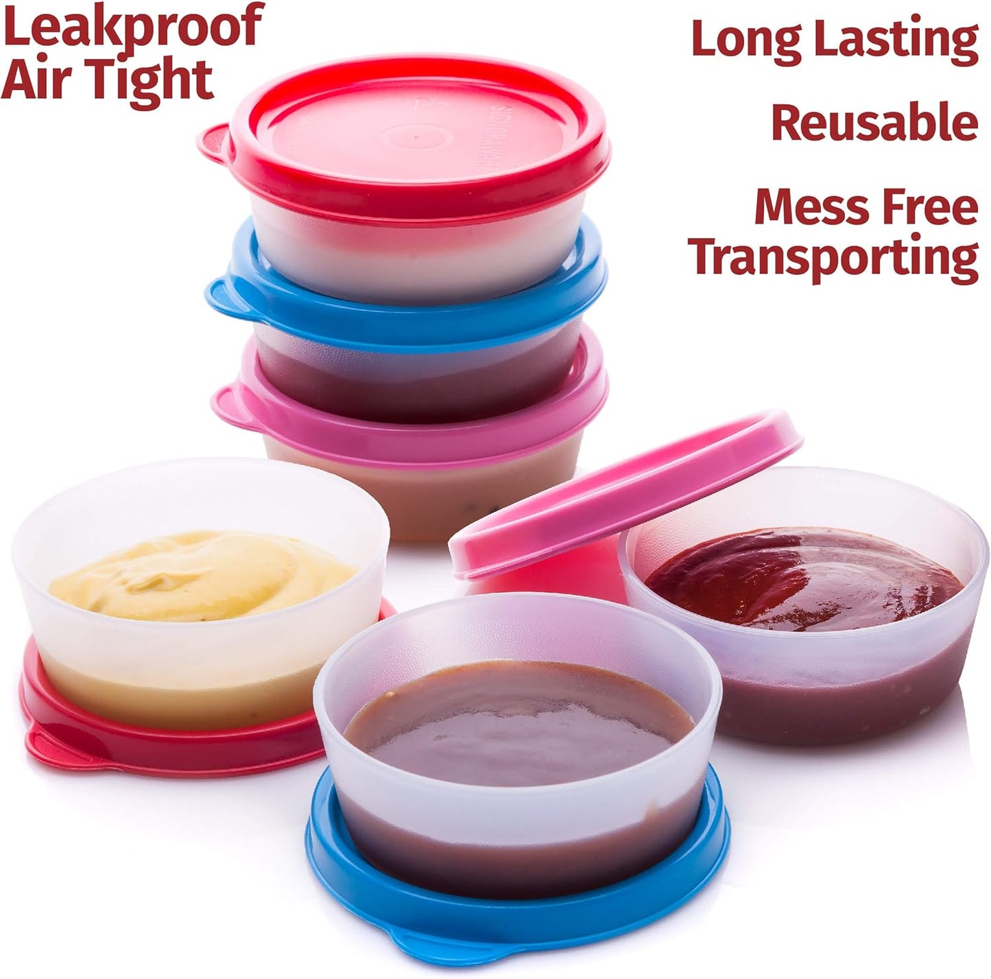 SIGNORA WARE Condiment Containers with Lids- 6 pk. 2.3 oz.Salad Dressing to go Small Food Storage Containers- Sauce Cups Leak proof Reusable Plastic BPA free for Lunch Box Picnic Travel