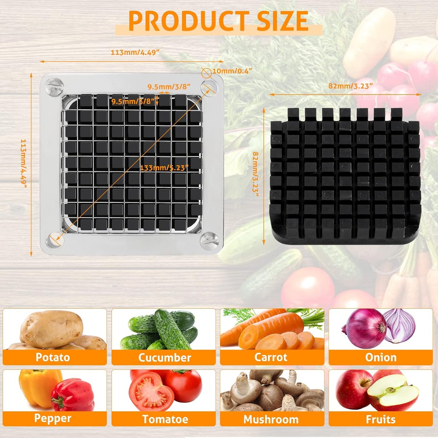 WICHEMI Replacement Chopper Blade 3/8" Stainless Steel Onion Chopper Dicer Blades and Pusher Block for Tomato Dicer French Fry Cutter