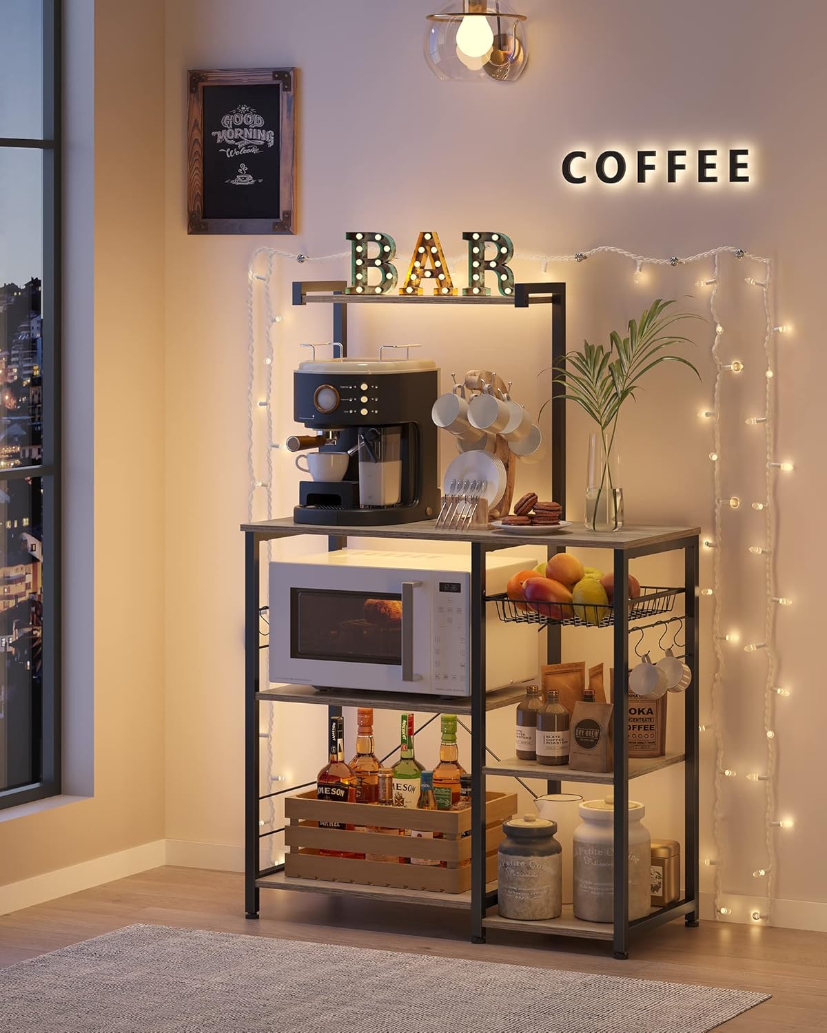 VASAGLE Baker's Rack, Microwave Stand, Kitchen Storage Rack with Wire Basket, 6 Hooks, and Shelves, for Spices, Pots, and Pans, Heather Greige and Ink Black UKKS035B02