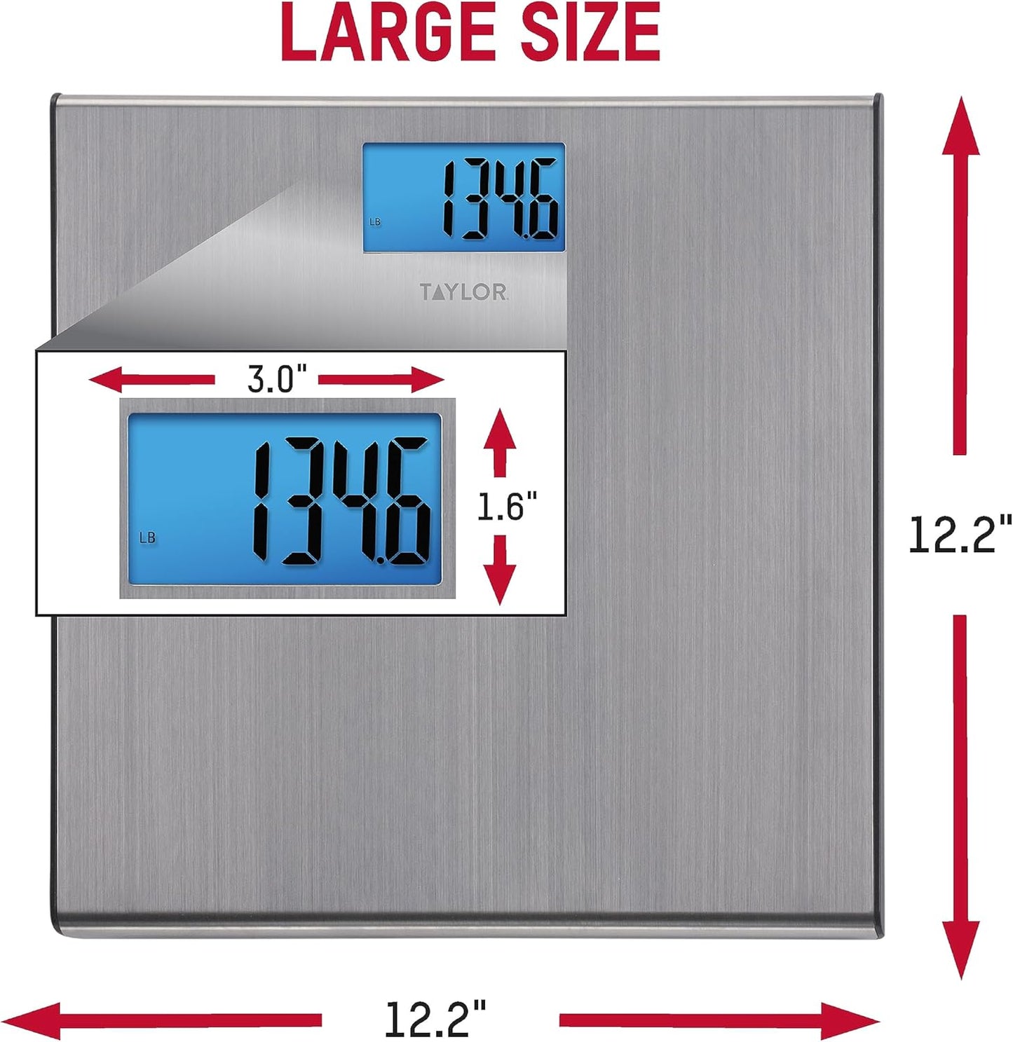 Taylor Digital Scales for Body Weight, Extra-High 440 lb Capacity, Thin Profile, Unique Blue LCD, Glass Platform, 12.2 x 12.2 Inches, Stainless Steel