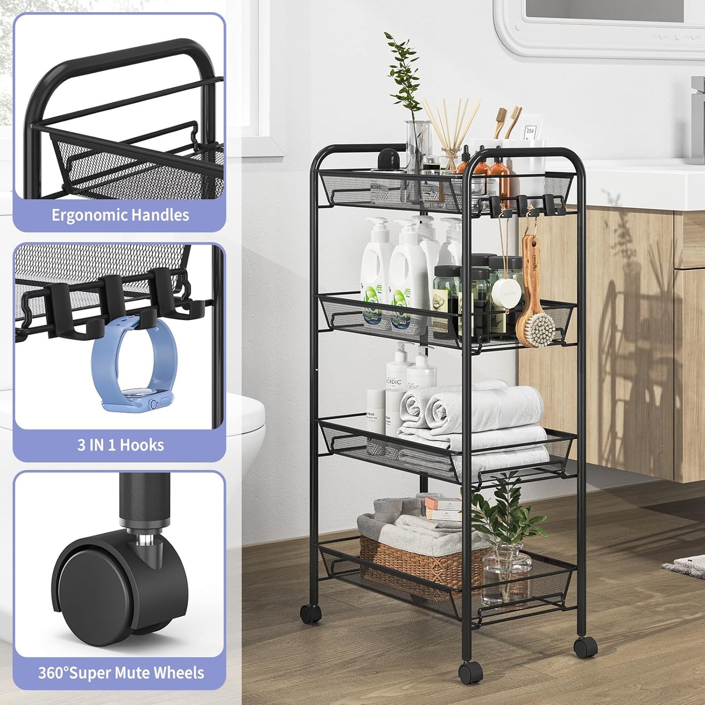 TOOLF 4-Tier Rolling Cart, Metal Utility Cart with 3 Hooks, Easy Assemble Mobile Storage Trolley On Wheels, Metal Shelving Units Kitchen Bathroom Laundry Room
