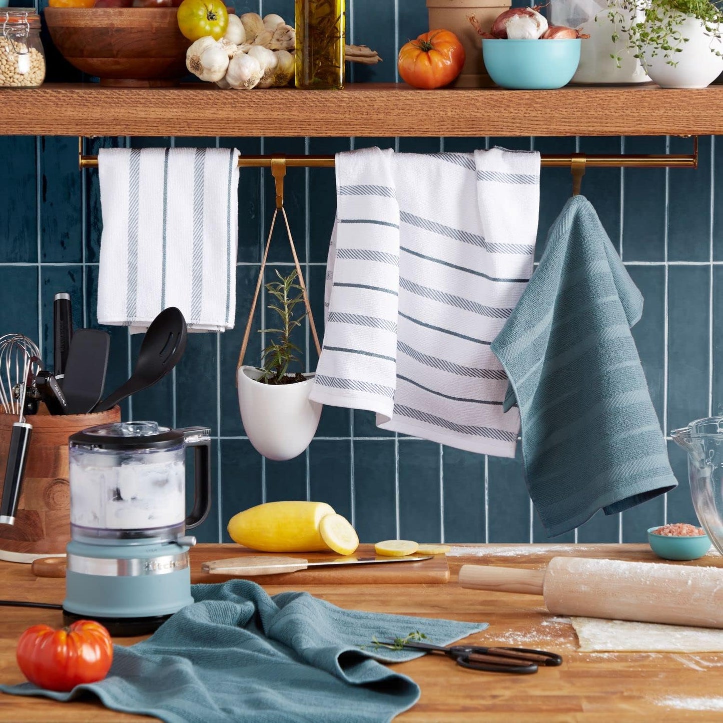 KitchenAid Albany Kitchen Towel 4-Pack Set, Fog Blue/White, 16"x26"