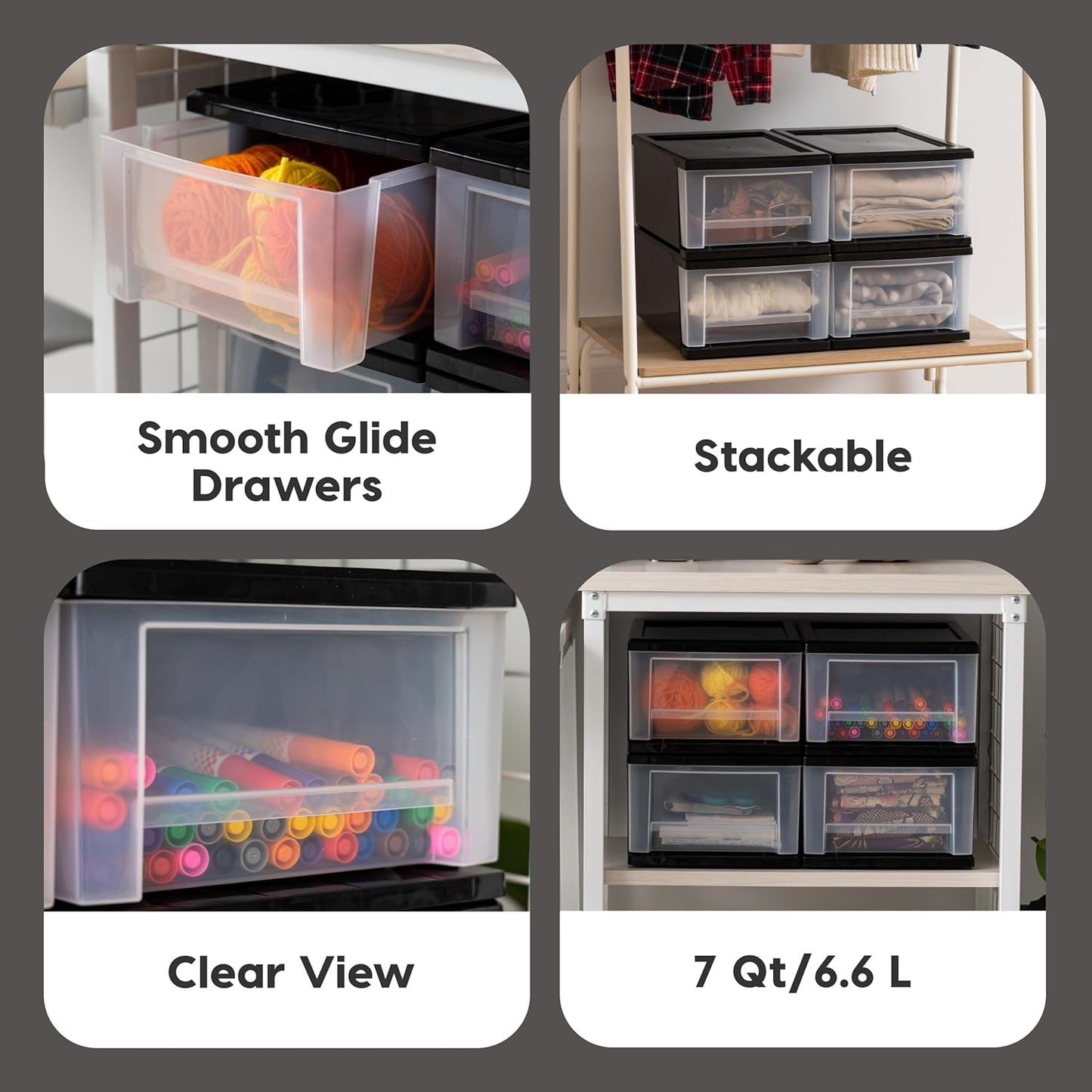 IRIS USA Plastic Stacking, Storage Organizer Unit with Sliding Drawer for Clothes Bedroom Kitchen Under Sink Pantry Craft Room Bathroom Dorm Office, 7 Qt. - 4 Pack, Black