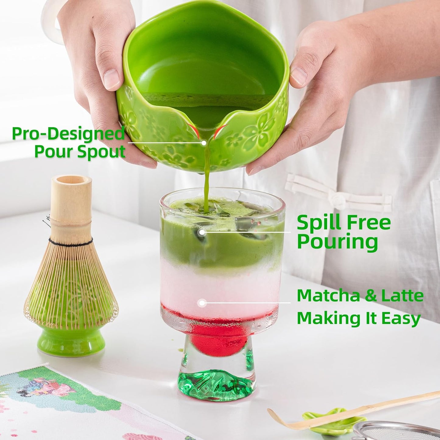 TEANAGOO 7-PCS Green Matcha Whisk Set with Cherry Blossom Design, Complete Ceremony Kit, Ceramic Chawan Bowl with Spout, Whisk & Accessories, Traditional Matcha Tea Set for Lattes& Gift Giving