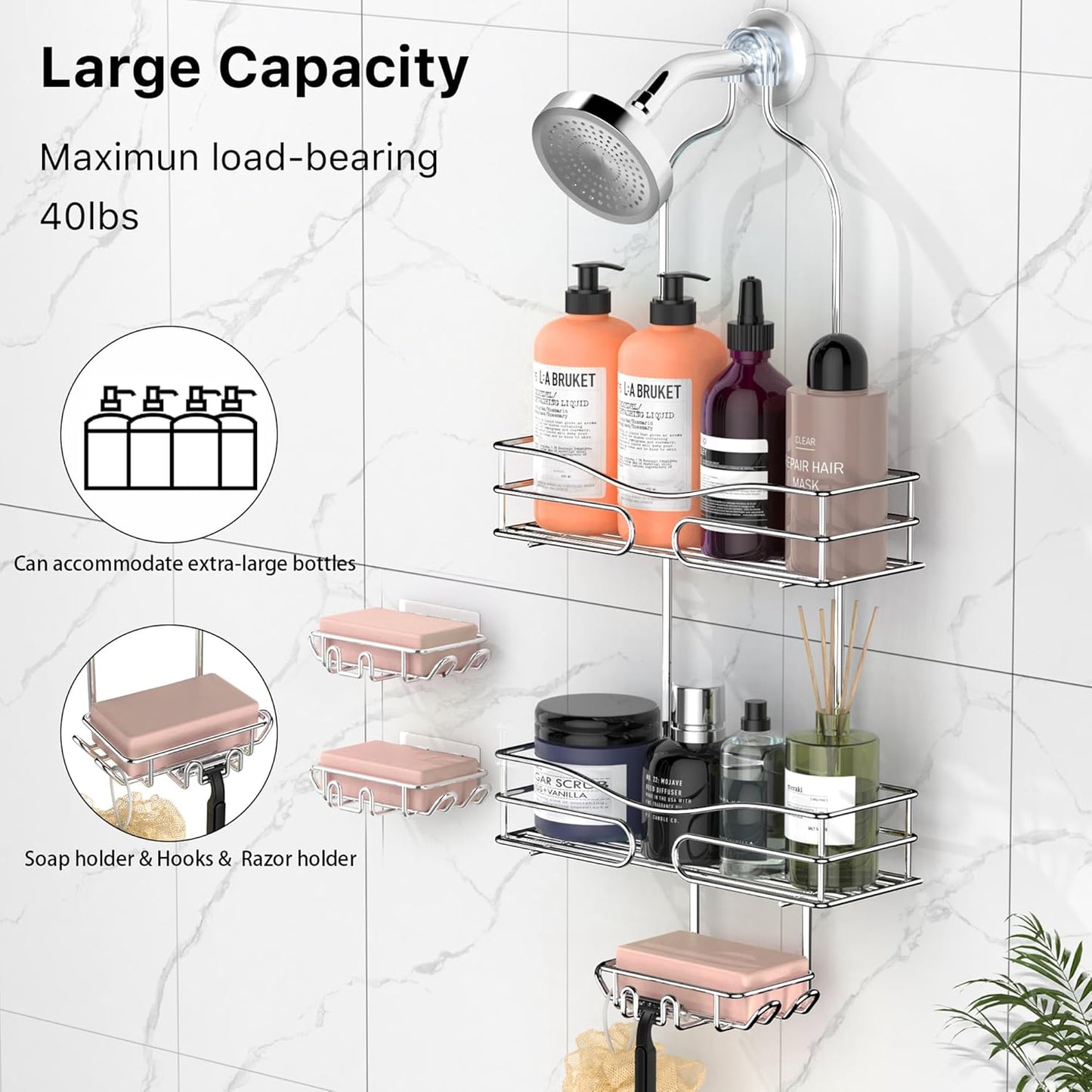 Over the Shower Head Caddy - 3 Tier Shower Caddy Hanging, Rustproof, Bathroom Rack Organizer With Hooks, Razor&Soap Holder, Brushed Nickel