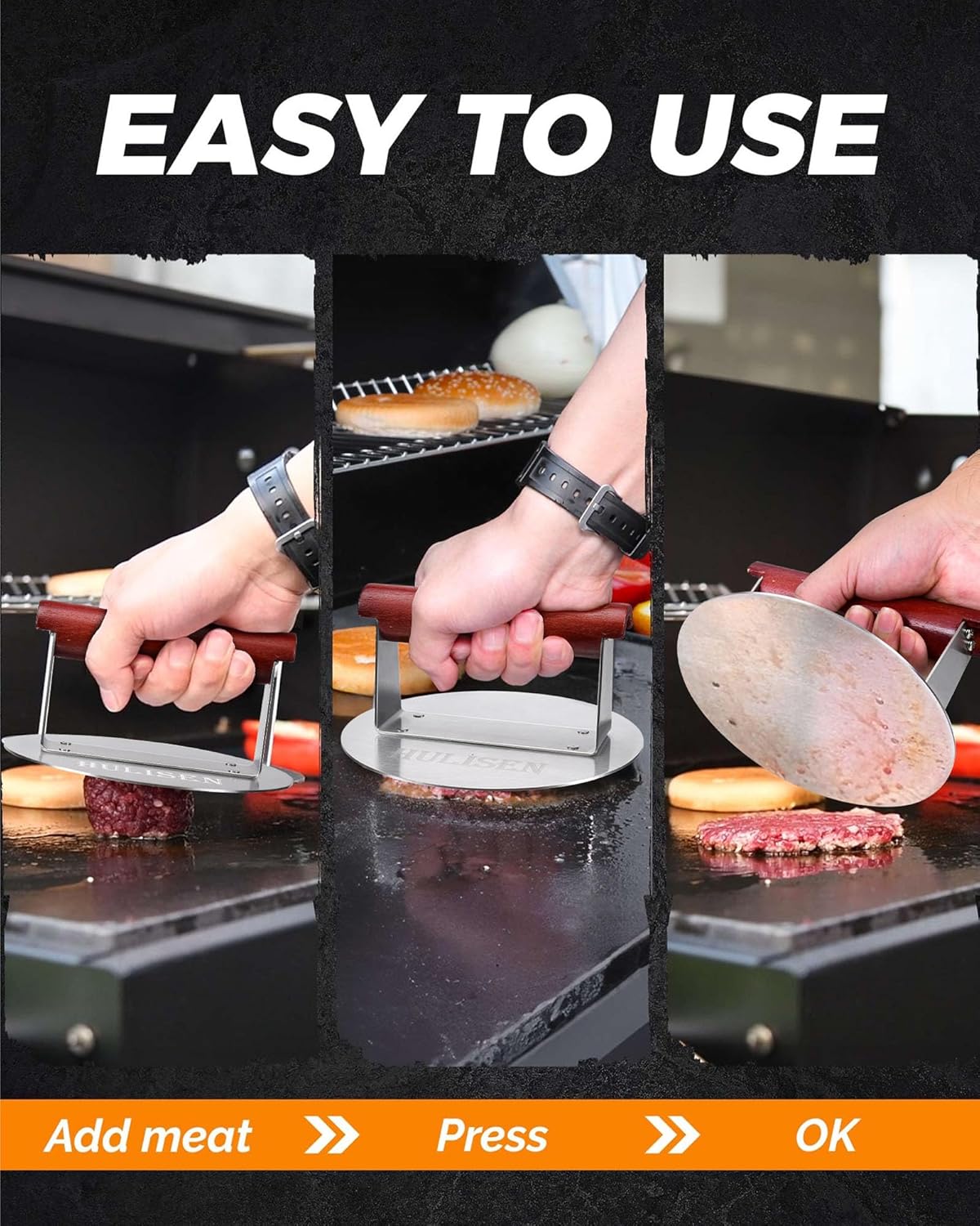 HULISEN 6.2" Stainless Steel Smashed Burger Press with Extra Wide Heat-Resistant Wood Handle, Burger Smasher for Flat Top Griddle, Grill, Skillet, Cast Iron Pan, Hamburger Cooking Accessories