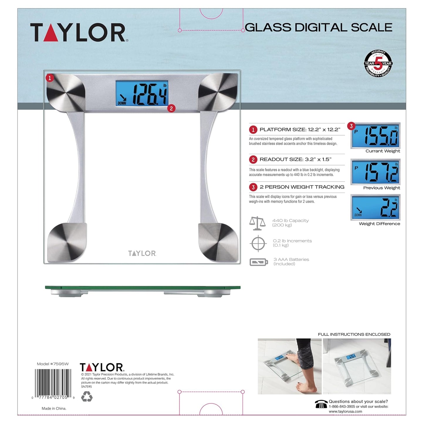 Taylor Digital Glass Weight Tracking Scale, Bathroom Scale for Body Weight, Digital Bathroom Weighing Machine, Highly Accurate & Measures Weight up to 440 lb, Battery Powered, FSA HSA Eligible, Clear