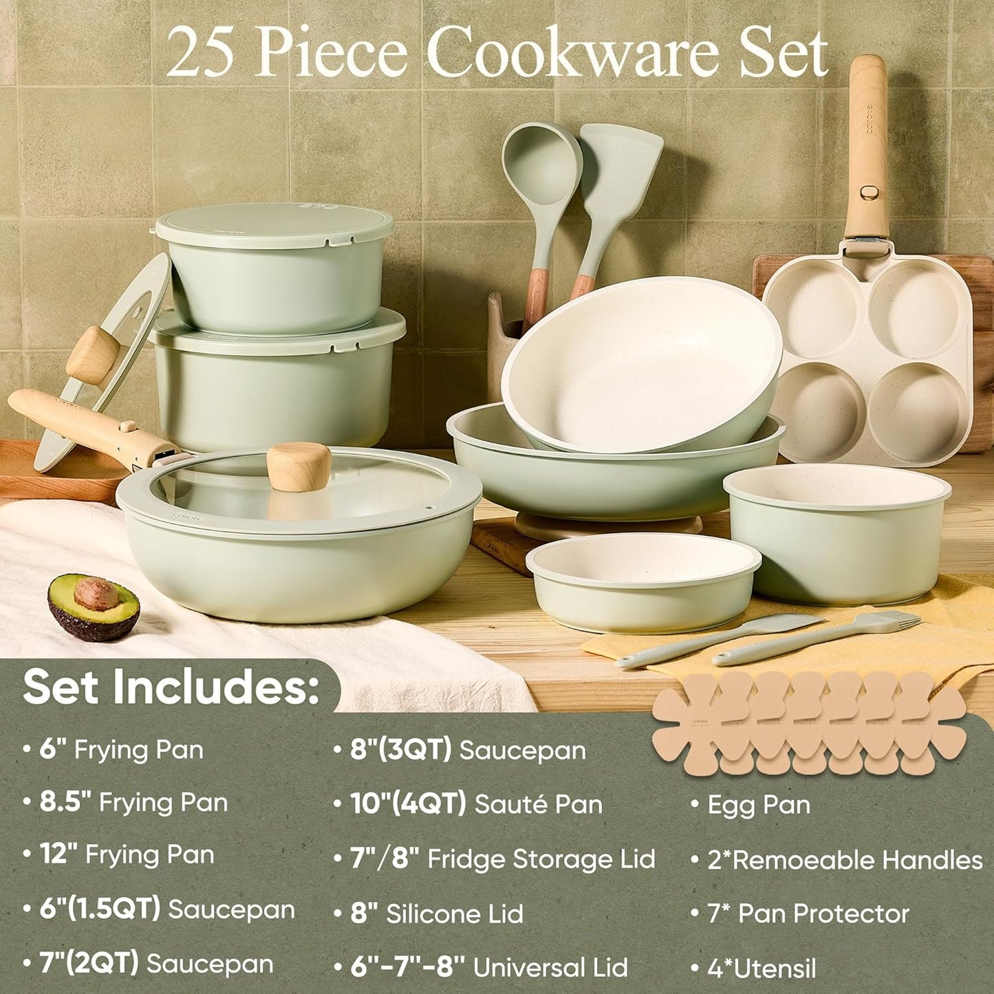 CAROTE 25pcs Pots and Pans Set Non Stick, Cookware Sets, Kitchen Set, Oven/Dishwasher/Fridge Safe, Space Saving Pots Set, Nonstick Set with Versatile Detachable Handle, Induction RV Set, Green