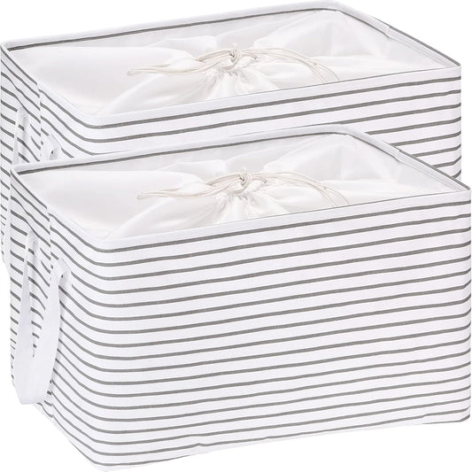 Hinwo 102L XXL Storage Bins, 2-Pack Closet Organizers and Storage, Foldable Clothes Storage Baskets with Handles, Containers for Clothing, Blanket, Comforters, Toys, Bedding (Gray Stripe)