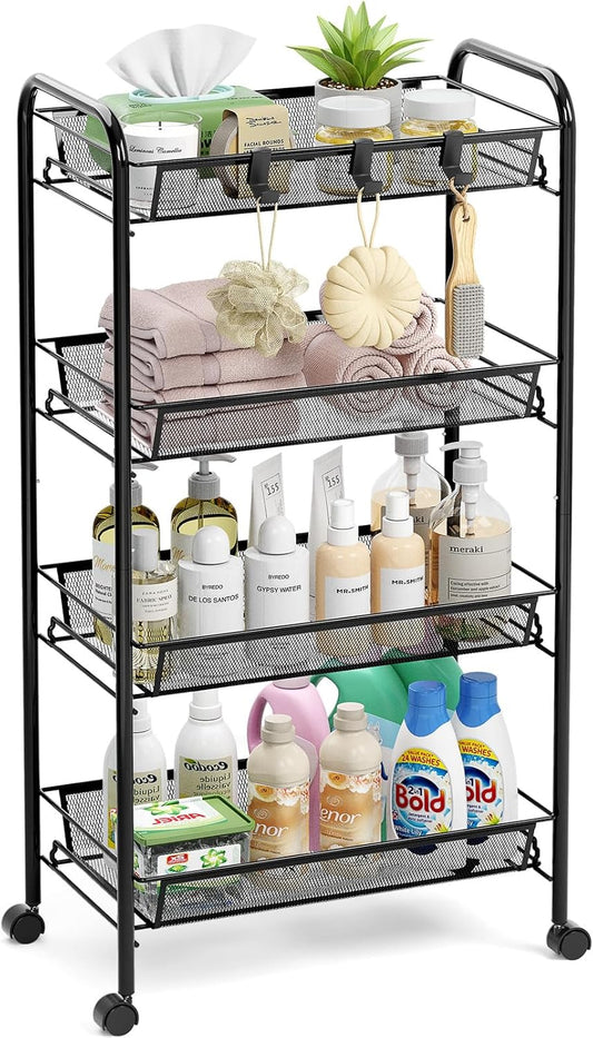 TOOLF 4-Tier Rolling Cart, Metal Utility Cart with 3 Hooks, Easy Assemble Mobile Storage Trolley On Wheels, Metal Shelving Units Kitchen Bathroom Laundry Room